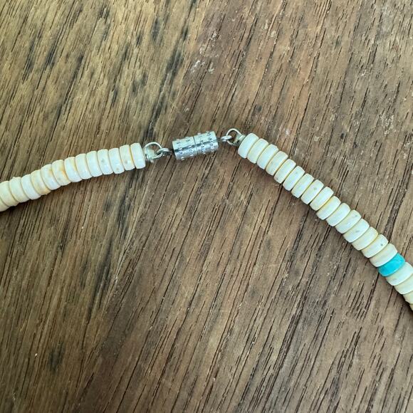 Artisan Handmade Tan Blue Brown Shell Bead Necklace magnetic closure - Picture 4 of 5